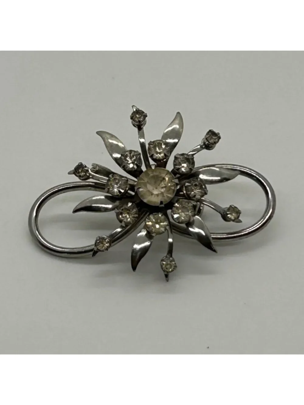 Vintage Clear Rhinestone Brooch Infinity Starburst Floral Pin Silver-tone MCM